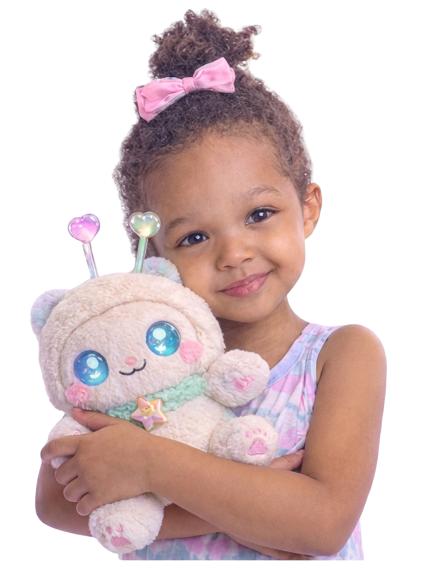 The Noki AI - adorable lavender plush companion being hugged by child